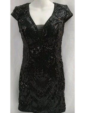 Entry Mini Pencil Dress Small Women Black Sequins Short Cap Sleeve Open Back